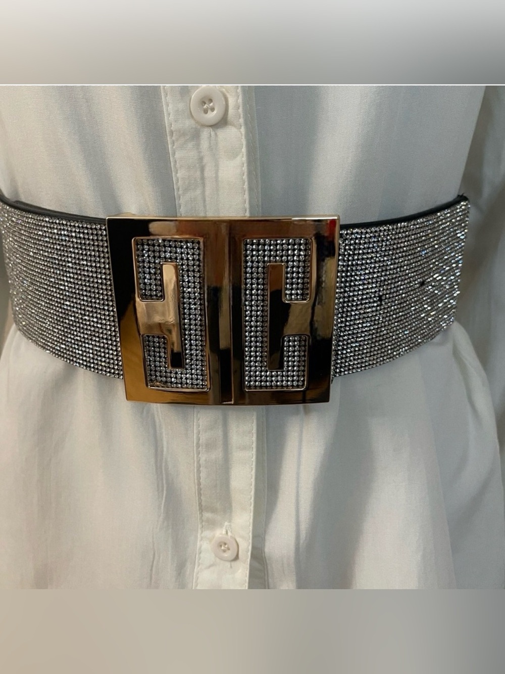 Black PU leather square buckle elastic waistband with rhinestones details belt